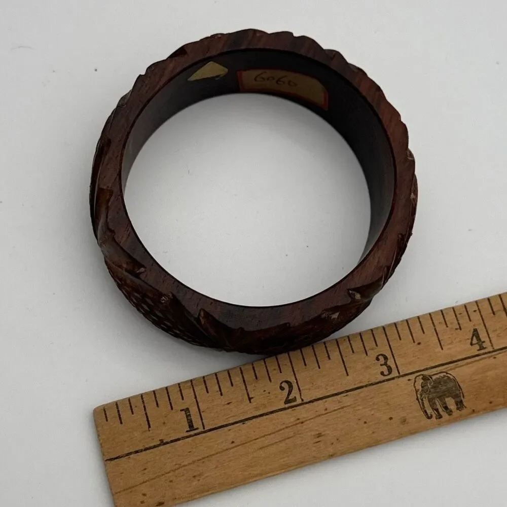 Vintage Carved Wood‎ Bangle Bracelet Wide Dark Brown Chunky Mid Century